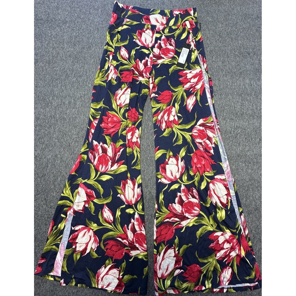 LJ Femme Pants Womens Small Wide Leg Side Slit Floral Lounge Stretch Rayon